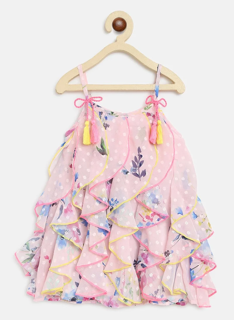 نوتيناتي فستان بناتي شيفون بطبعات زهور ونقش سويس دوت وكشكشة بتصميم - وشراشيب